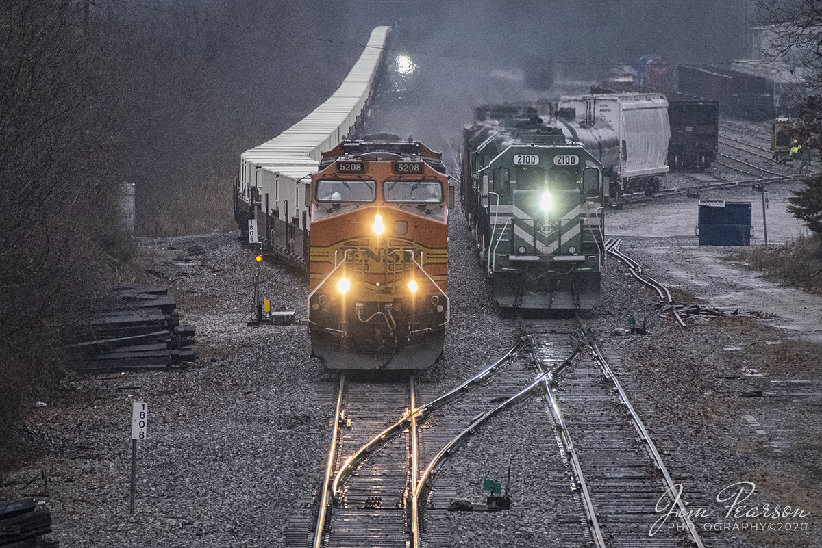 February 24, 2020 - Northbound BNSF 5208 pulls out onto the Paducah and Louisville Railway (PAL) main after a three way meet between a southbound loaded coal, the afternoon local and its load of military containers at the PAL Yard in Princeton, Kentucky.