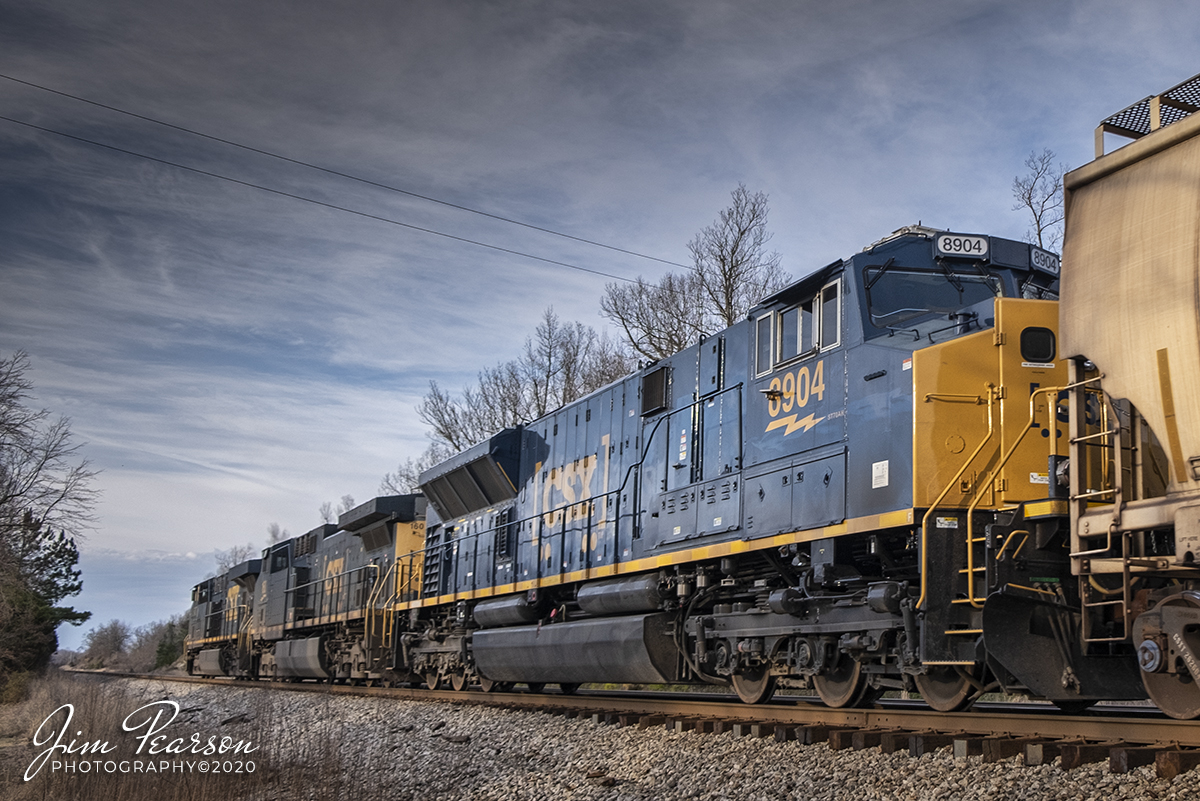 March 1, 2020 - CSX empty grain train V346-27 heads through the south end of the Slaughters, Kentucky with CSXT 8904 (new SD70AH-T4) trailing as it makes its way north on the Henderson Subdivision.
