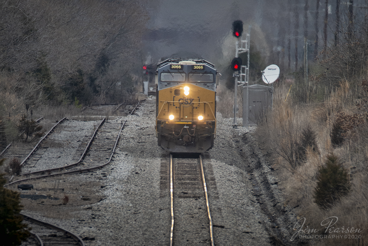 March 10, 2020 - CSXT 3066 leads CSX loaded coal train N320 south on the Henderson Subdivision Cutoff at MP HC 271.6, south of Madisonville, Ky. The trackage to the left leads to a switch that used to be for what was called the Grapevine Loadout, a spot where there was a temple where coal trucks used to haul coal to for loading onto L&N coal trains.