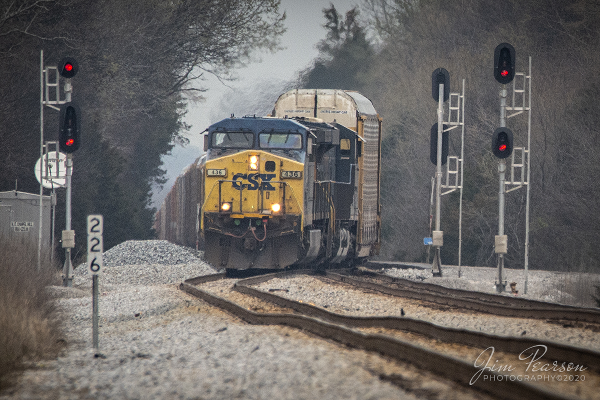 March 12, 2020 - In this 600mm view we find CSXT 436 slowly pulling Q237 into the siding at the north end of Chapel Hill on the S&NA North Subdivision to wait on a northbound Q028 intermodal at Chapel Hill, Tennessee. The 600mm lens compresses everything and as a result makes the track look worse than it is.
