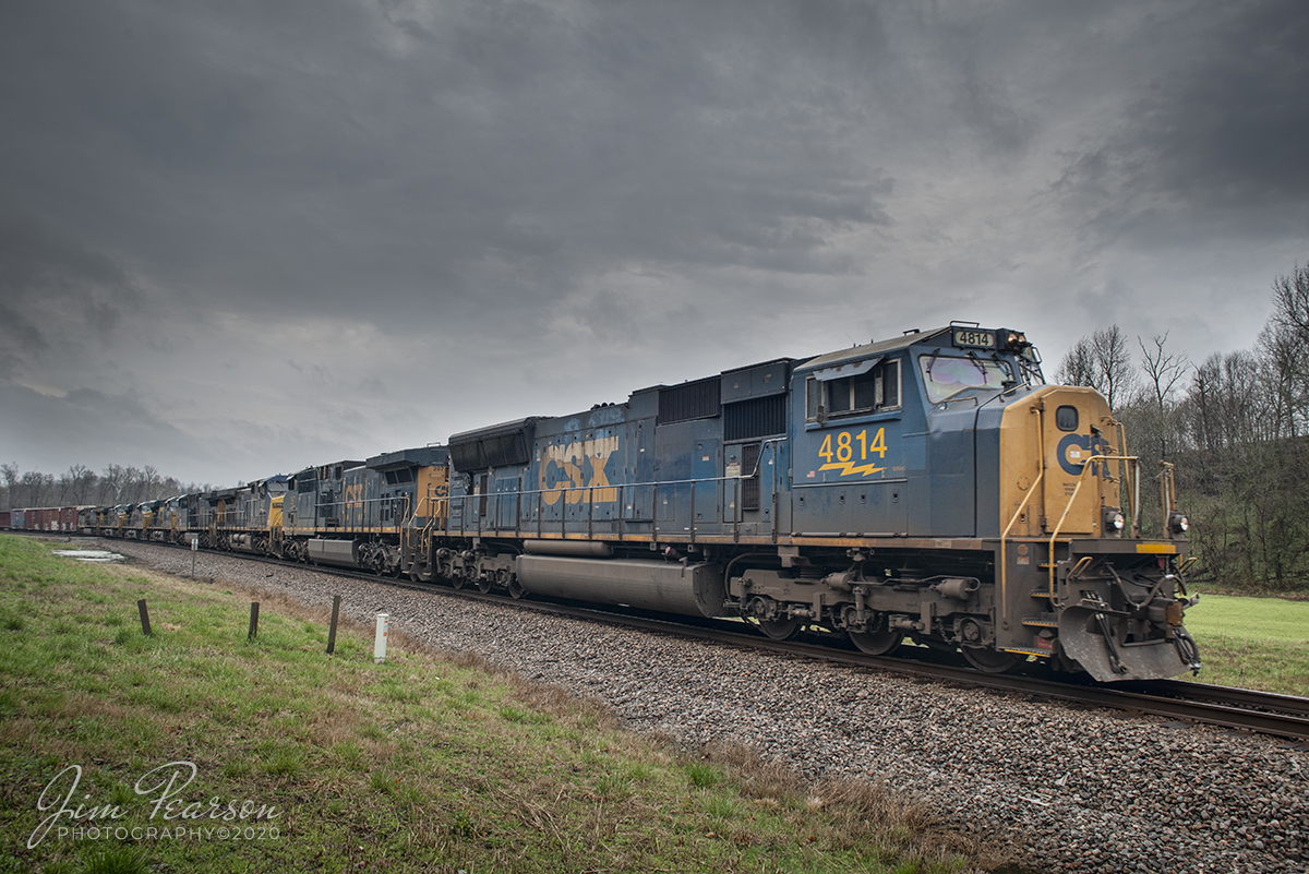 March 19, 2020 - Today I caught CSX Q648-18 at Sebree, Ky with a power move consisting of CSXT 4814, 397, 427, 5117, 5207, 5327 (Western Maryland Sticker Unit), 437 and 505, as it made its way north on the Henderson Subdivision.