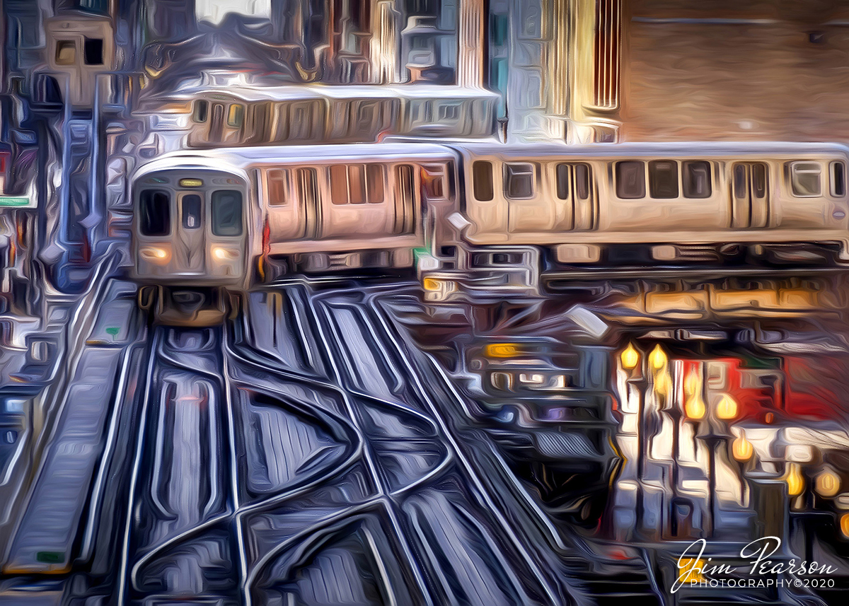 A new Digital Art Piece - February 20, 2020 - A Chicago Transit Authority Brown Line and Green Line trains round curves at Tower 12 as they make their way around the downtown Chicago, Illinois "L". Available for purchase in my Digital Art sales store at https://tinyurl.com/vy4mkd3
