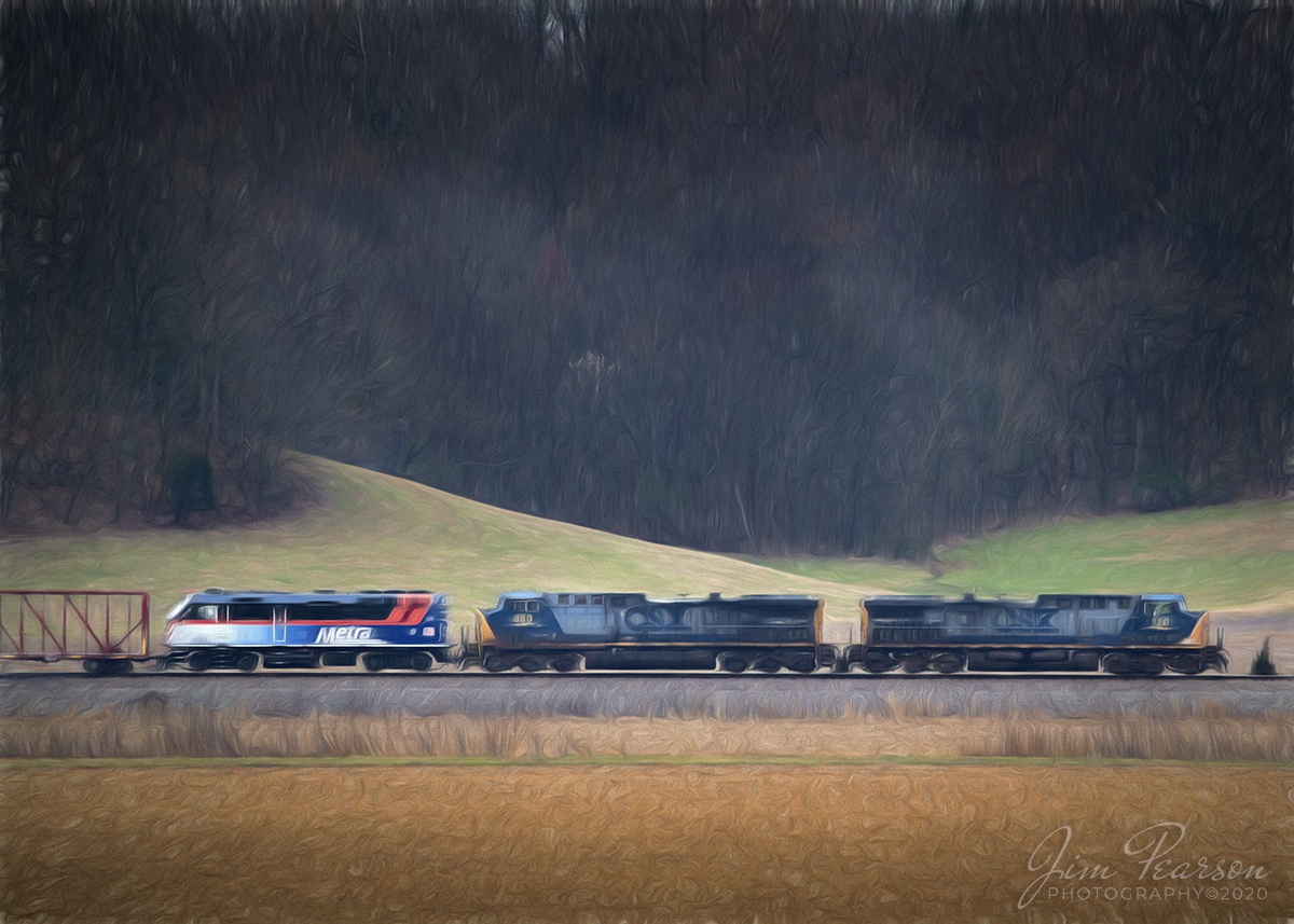 A Digital Art Piece - March 9, 2020 - Newly painted and rebuilt Metra 198 brings up the rear on CSX Q648-08 as it passes through the countryside between Slaughters and Sebree, Kentucky as it heads north on the Henderson Subdivision on the way to Chicago, Illinois with CSXT 380 and 120 in YN2 paint leading the way.