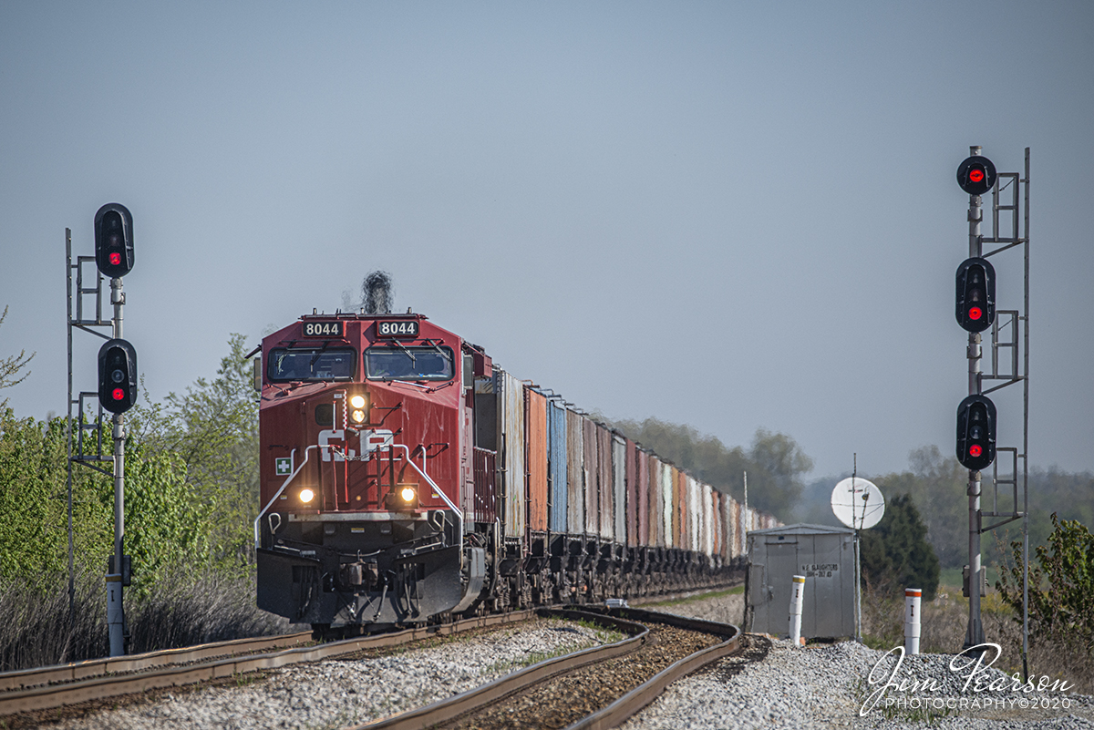 April 20, 2020 - Canadian Pacific 8044 leads an empty potash train past the north end of the siding at Slaughters, Kentucky as it heads south on the Henderson Subdivision.