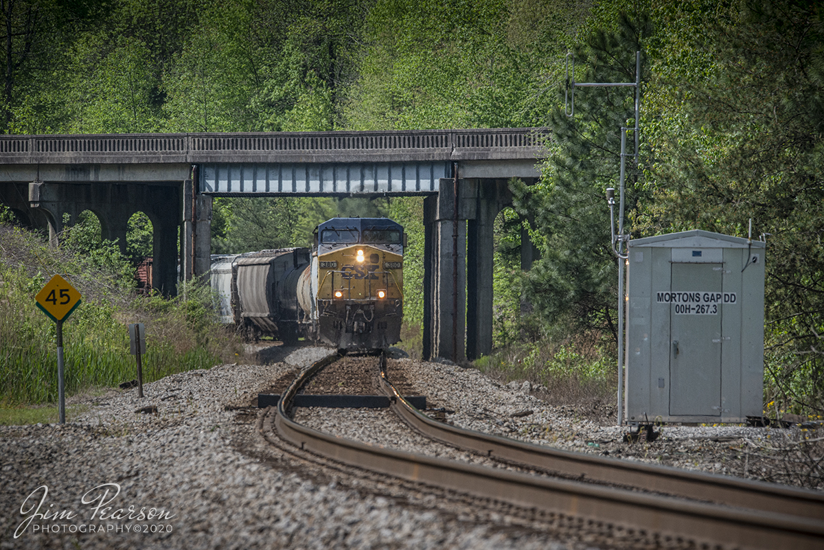 April 28, 2020 - CSXT 380 heads up local J732 (Casky, KY - Atkinson, KY) as it approaches the defect detector at Mortons Gap, Ky on its way north on the Henderson Subdivision.
