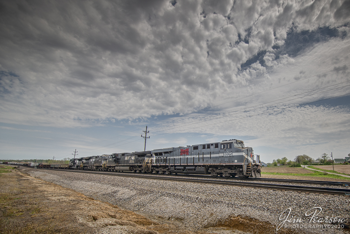 April 29, 2020 - Well, for the first time since this pandemic began I left the state today! One of the four remaining Norfolk Southern Heritage Units that I haven't caught, NS 8025 (Monongahela) was leading NS 168 westbound from Louisville, KY to St. Louis, MO and I couldn't pass up the opportunity. 

In this shot I caught him after he passed the signals at East Douglas in Princeton, Indiana as it made its way on the NS Southern East-West District toward St. Louis. 

Tech: Nikon D800, Lens: Irex 11mm @ f/9, 1/1000sec, ISO 200.