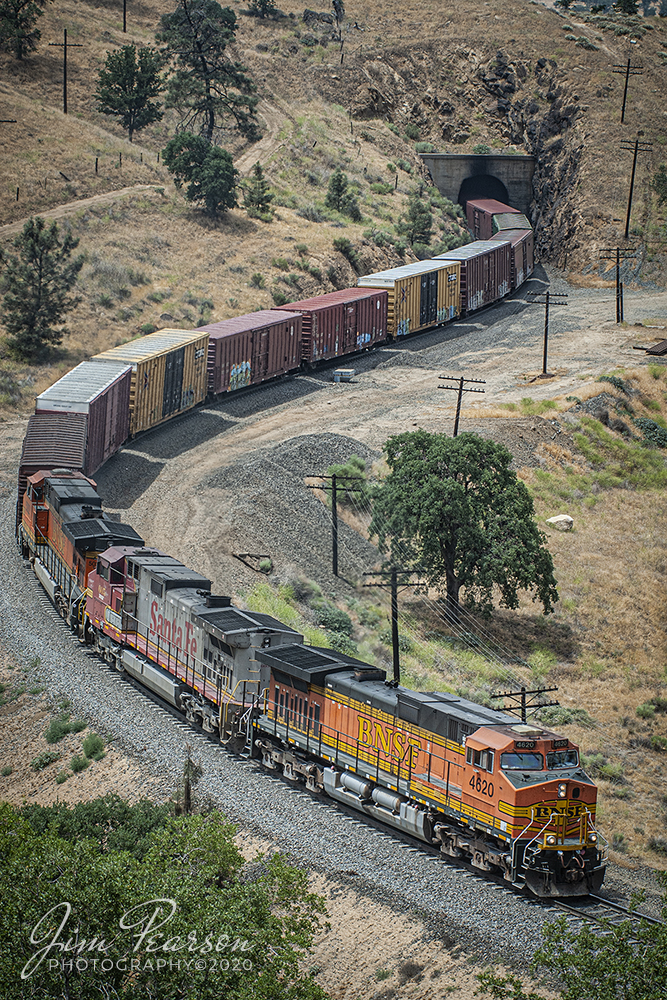 June 24, 2020 - Blast From The Past - BNSF 4620 leads a mixed freight through the Tehachapi mountains after passing through tunnel 10 on the Mojave Subdivision, headed east toward Tehachapi, California.