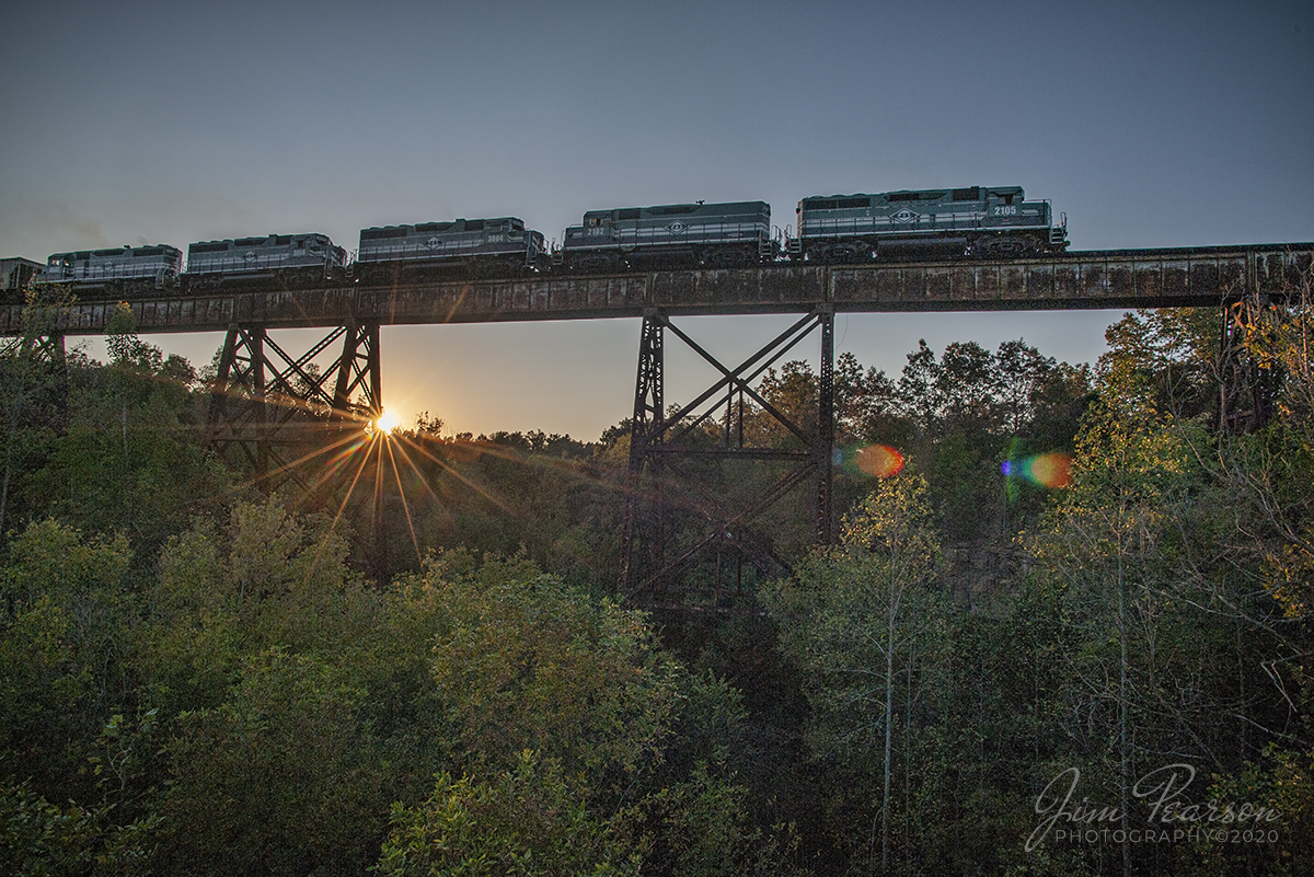 September 29, 2010 - Blast From The Past - Paducah and Louisville Railway locomotives, 2105,  2102,  3804, 3808, 8507 lead a northbound loaded Louisville Gas & Electric coal train across the trestle at Big Clifty, Kentucky against the setting sun. It also had PAL 2120, 2117 and 1999 bringing up the rear as DPUs.