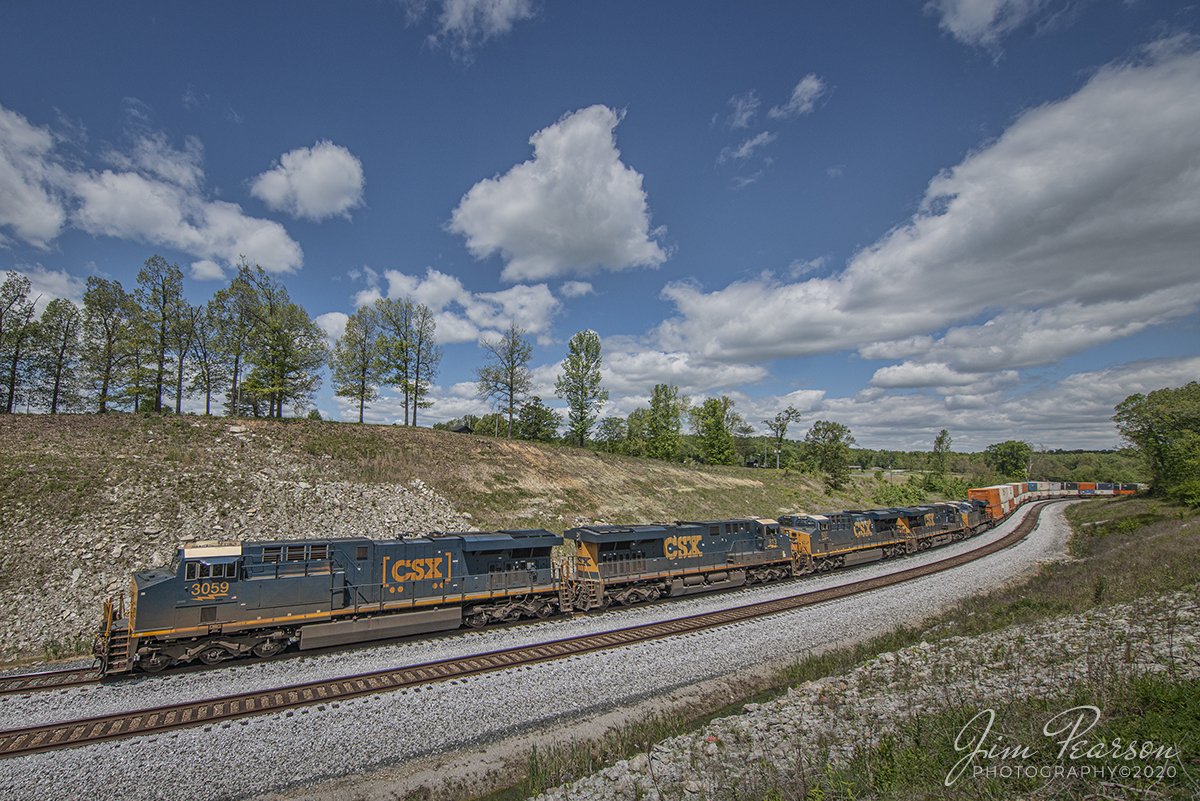 May 11, 2020 - With five engines on the head-end it looks like it would be leading a massive train, but it was only around 4000 ft with, only about 2800 tons so the, 4 units behind CSXT 3059 were isolated for fuel conservation. Still, it made for a great photograph as it passed through the S curve at Nortonville, Ky on its way south along the Henderson Subdivision on this beautiful Spring day.

Tech Info: Nikon D800, RAW, Irex 11mm, f/11 @ 1/1600 sec, ISO 280.