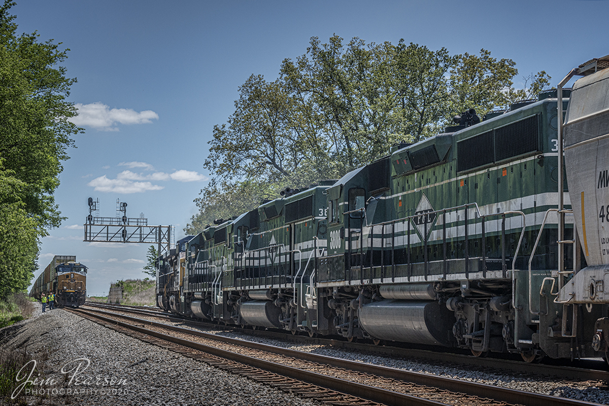 May 30, 2020 - CSX was nice and sent several interesting trains my way for my 70th birthday! This on of CSX J732 meeting CSX Q028 at the north end of Pembroke at Hopkinsville, Ky. J732 was pulling into the yard at Casky with Paducah and Louisville Railway units 3803, 3804 and 3808 in tow as the trailing units.

I've not been able to find out where they're headed, other than they should go out sometime tonight on J733 south to Nashville, TN on the Henderson Subdivision. Either way, it made for one of several nice shots for my birthday!

Tech Info: Nikon D800, RAW, Nikon 70-300mm @70mm, f/9, 1/1000sec with ISO 560.