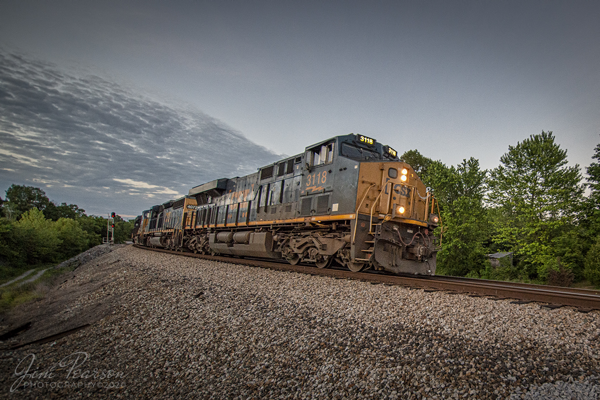 June 1, 2020 - CSXT 3118 leads Q647 as it splits the signals at the north end of Kelly siding at it leads its train south on the Henderson Subdivision at dusk.

Tech Info: Full Frame Nikon D800, RAW, Irex 11mm, f/4, 1/500, ISO 1600.