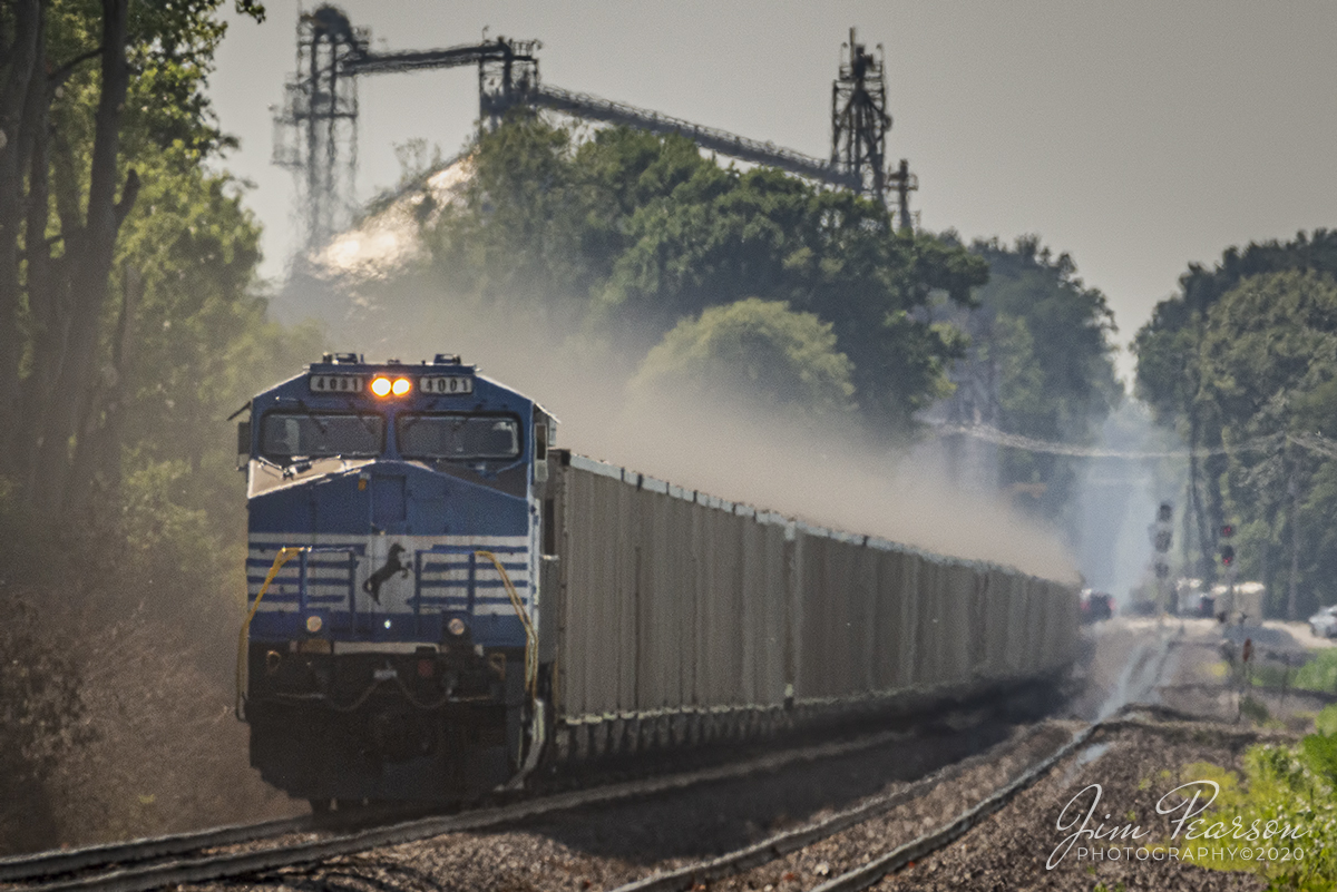 June 13, 2020 - Coal dust from a fresh load of coal forms a cloud above the loaded cars as the "Sonic Bonnet," Norfolk Southern 4001, brings up the rear of a West Bound train on the main at Lyles Station Siding, as it heads to Duke Energy in Mt. Carmel, Illinois on the NS Southern West District in the late afternoon sun.

Wikipedia: NS 4000 and 4001 were painted in a blue, gold and white scheme and have been called "The Sonic Bonnets", due to their similarities to the eponymous character from Sonic the Hedgehog. NS 4002 and 4003 were painted in black, tuscan red, gray, and white scheme, while NS 4004 and 4005 were painted in black, blue, gray, and white scheme. The tuscan and blue "manes" on these four units are indicative of their rebuilding at the Roanoke and Juniata locomotive shops respectively. All of these units have DC to AC Waveform lettering underneath the cab windows.

Tech Info: Nikon D800, RAW, Sigma 150-600 @ 600mm, F/6.3, 1/3200, ISO 800.