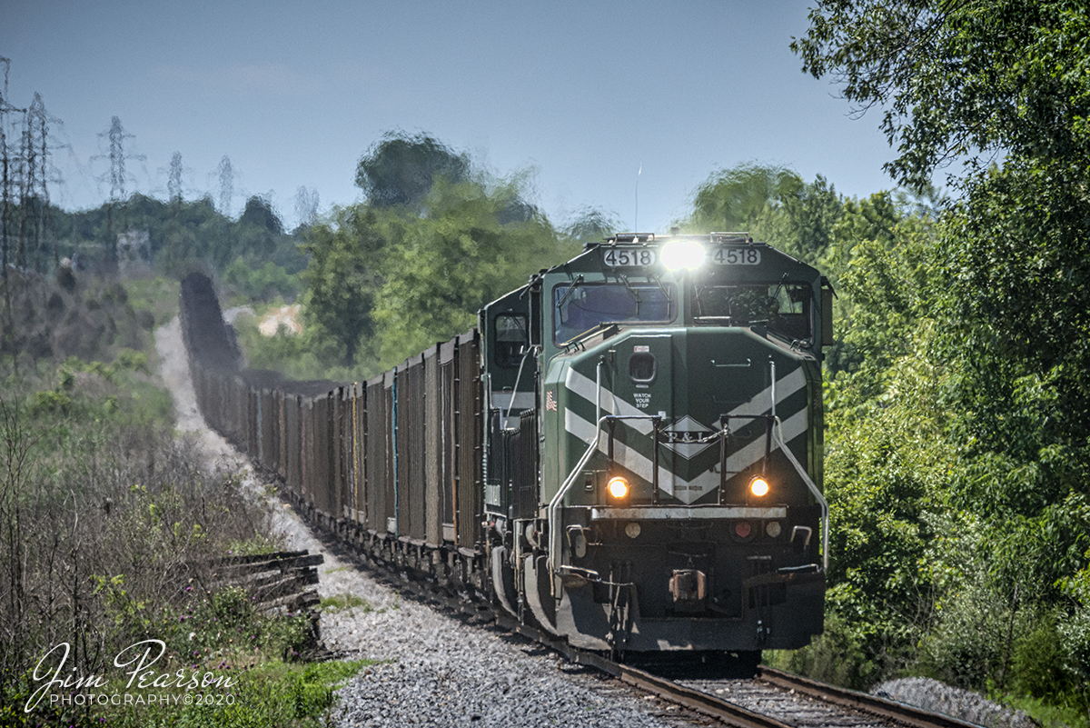 June 16, 2020 - Paducah and Louisville loaded coal train PNX2 heads down the Warrior Coal lead after picking up a load of coal at the Warrior loadout at Nebo, Kentucky with 4518 leading the way.

Tech Info: Nikon D800, RAW, Sigma 150-600 @ 550mm, f/13, 1/1600sec, ISO 1000.