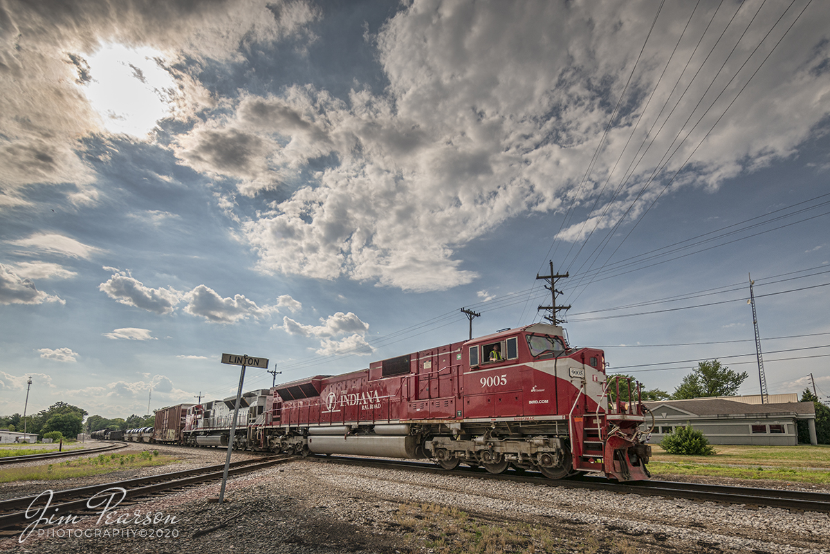 June 18, 2020 - Indiana Railroad (INRD) engineer, Travis Collis, heads across the INRD Chicago Subdivision Diamond at Linton, Indiana with his train, as he heads north with HWSA-18 on the INRD Indianapolis Subdivision.

Tech Info: Nikon D800, RAW, Irex 11mm, f/6.3, 1/1250, -3 f/stops (exposed for the highlights and processed for the shadows), ISO 100.