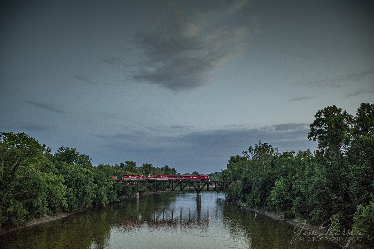 June 18, 2020 - After a 3 hour wait for maintenance-of-way to clear up, the crew of a southbound Indiana Railroad train (SAHW-18) from Indianapolis, with engine 9005 leading, rolls across the bridge over the White River at Elliston, Indiana at dusk to meet it's northbound counterpart at Switz City, Indiana.

Tech Info: Nikon D800, RAW, Sigma 24-70 @ 24mm, f/2.8, 1/250, ISO 2,500.