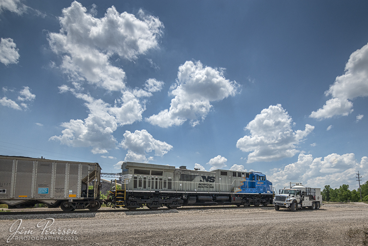June 18, 2020 - Tagged onto the end of a coal train as the DPU, Norfolk Southern 4001 "Sonic Bonnet" gets a top off on its sand as it sits at the Peabody Francisco Mine loadout at Francisco, Indiana on the NS Southern-East District as it prepares to depart for Duke Energy with another load of coal.

Tech Info: Nikon D800, RAW, Irex 11mm, f/13, 1/800, ISO 220.