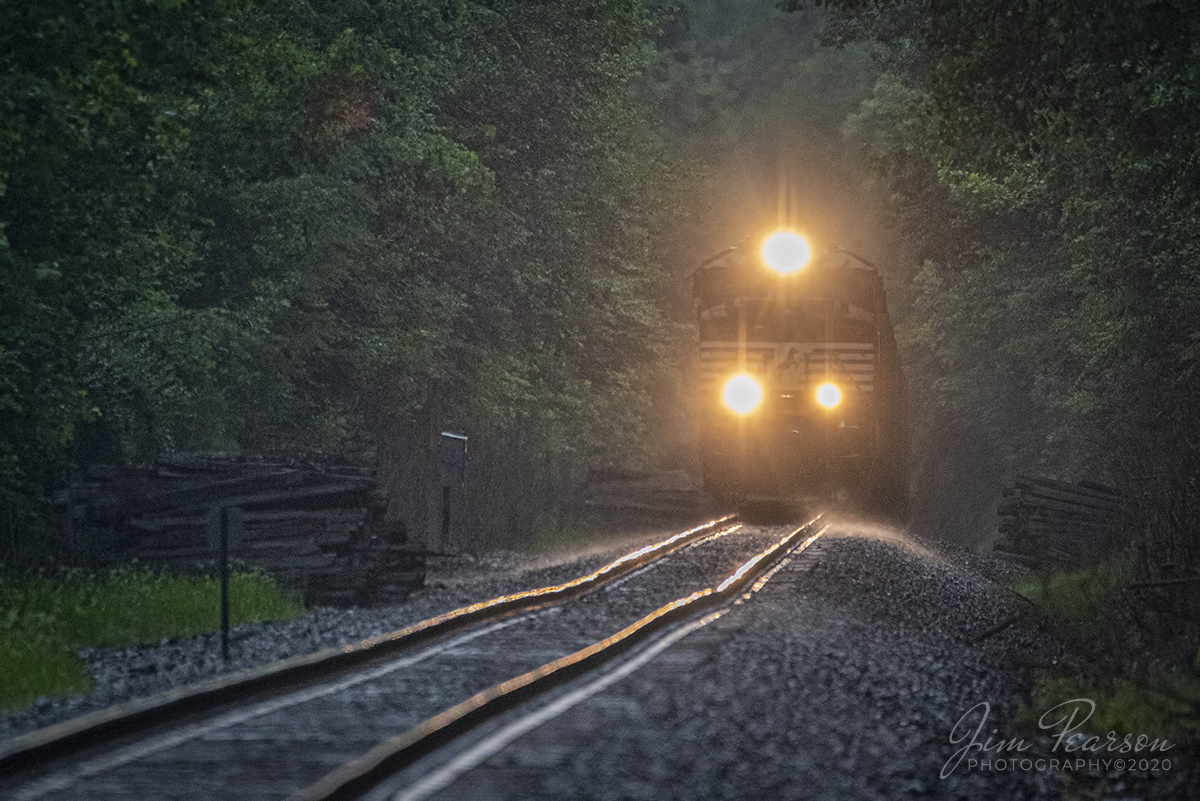 June 22, 2020 - Norfolk Southern T4 locomotive 1098 leads empty coal train WYX1 through the pouring rain as it pulls up a hill as it heads south on the Paducah and Louisville Railway at Milepost 135, south of Bremen, Kentucky.

Tech Info: Nikon D800, RAW, Sigma 150-600 @ 600mm, f/6.3, ISO 5000.