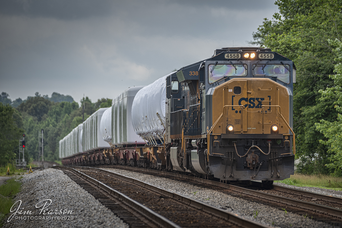 June 23, 2020 - CSXT 4558 (SD70MAC) leads CSX W990-17 through the south end of Crofton, Kentucky with a load of windmill motors as it heads north on the Henderson Subdivision. 

Tech Info: Nikon D800, RAW, Sigma 150-600 @360mm, f/5.6, 1/400, ISO 140.