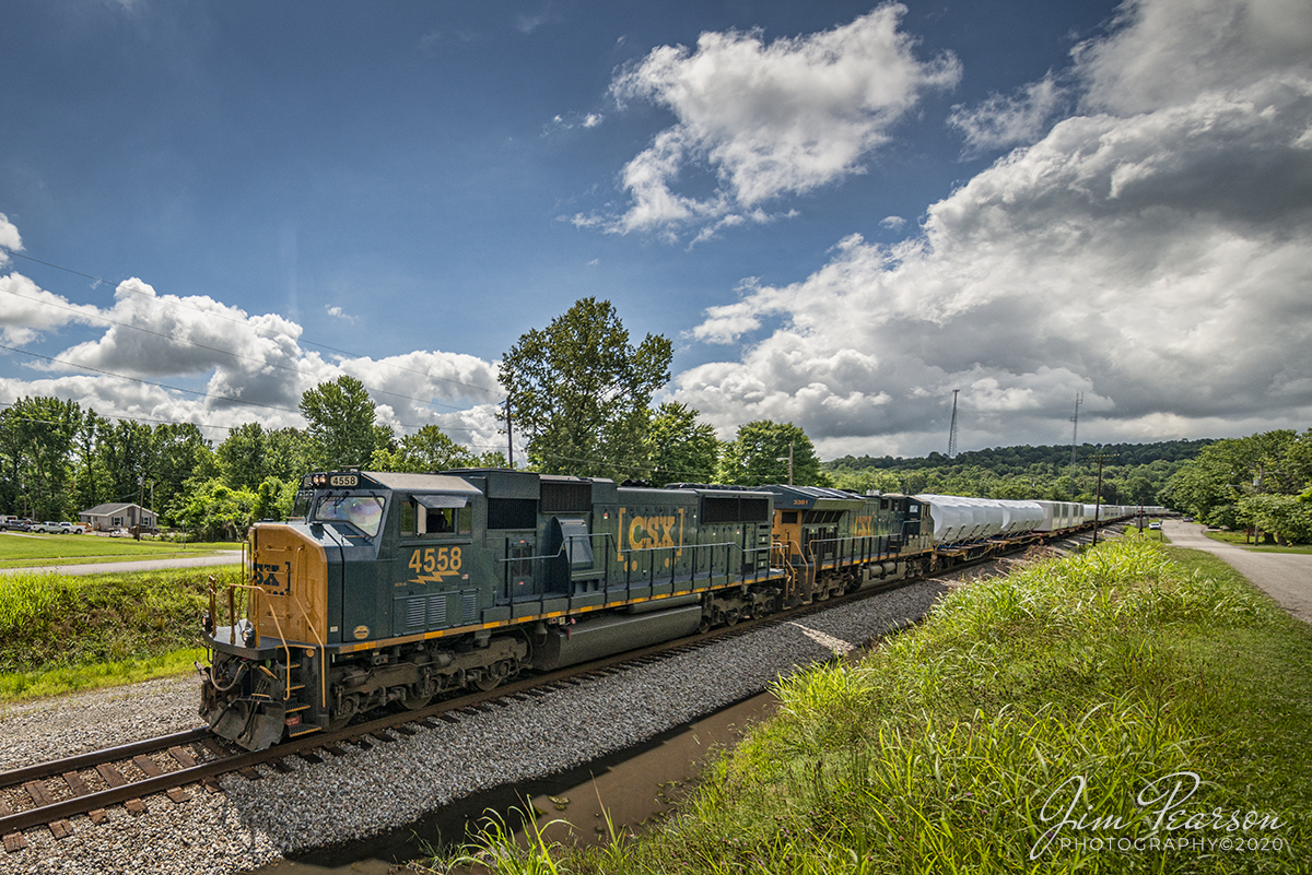 June 23, 2020 - CSXT 4558 (SD70MAC) leads CSX W990-17 through Mortons Gap, Kentucky with a load of windmill motors as it heads north on the Henderson Subdivision. 

Tech Info: Nikon D800, RAW, Irex 11mm, f/11, 1/1600, ISO 250.