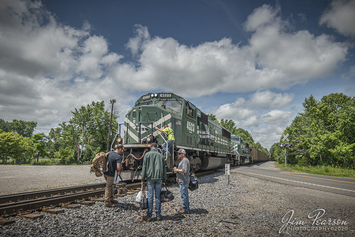 June 26, 2020 - A scene about as timeless as railroading itself, the only thing that  has changed is the equipment and people, is a crew change on the railroad. Here the crew on Paducah and Louisville's LG1 that loaded the coal train at Warrior coal in Nebo, Kentucky does a briefing with the engineer and conductor at West Yard in Madisonville, that will take the train on to the Mill Creek Louisville Gas and Electric plant at Louisville. 

Tech Info: Nikon D800, RAW, Irex 11mm, f/11, 1/1600, ISO 220.