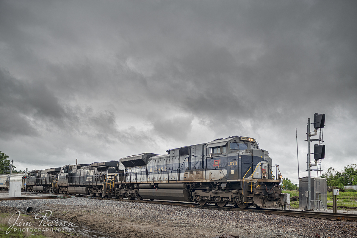 May 27, 2020 - Norfolk Southern Railway Wabash heritage unit 1070 passes through the NS/UP Diamond at Mt. Vernon, Illinois, as it leads NS 224 westbound on the NS Southern-West District. 

Tech Info: Nikon D800, RAW, Sigma 150-600 @ 350mm, f/5.6, 1/640sec, ISO 560.