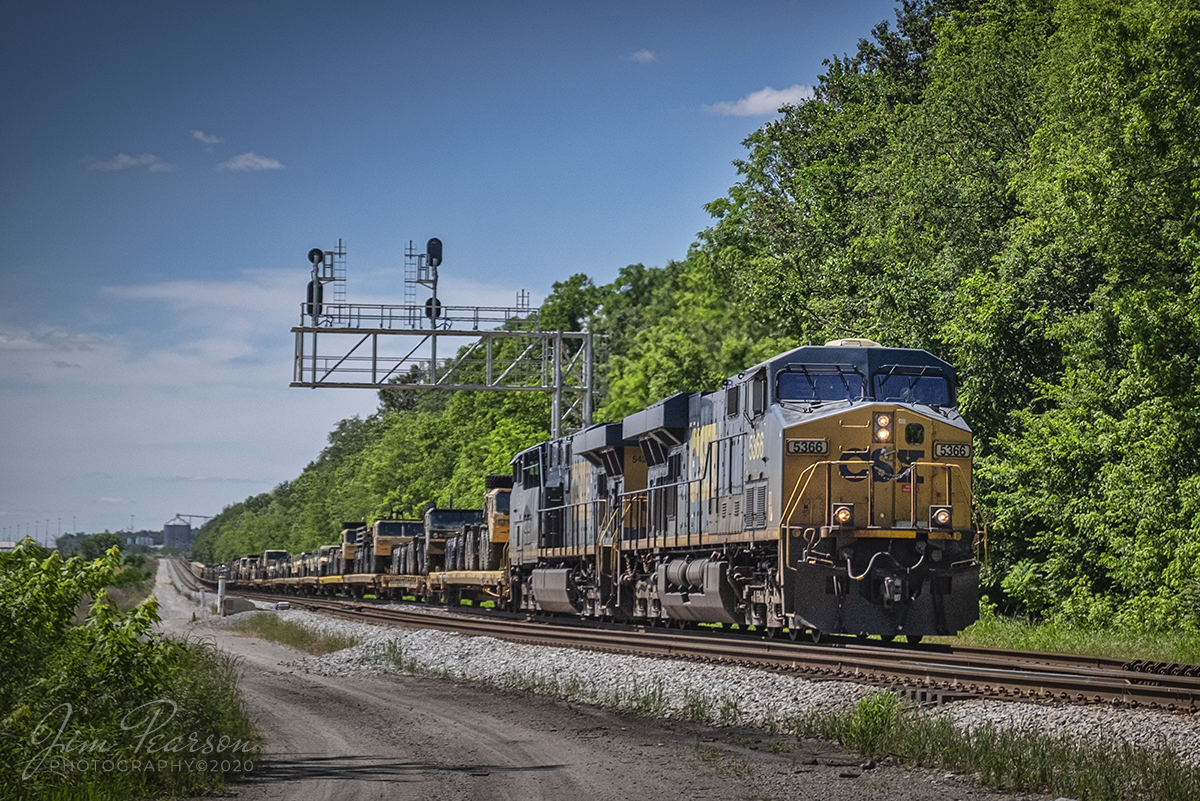May 30, 2020 - CSXT 5366 leads a loaded military train from Ft. Campbell, Ky as it pulls upgrade at the south end of Pembroke, Kentucky as it heads south on the Henderson Subdivision on the traditional Memorial Day. 

Tech Info: Full Frame Nikon D800, Sigma 24-70 @ 37mm, f/5, 1/2000, ISO 200.