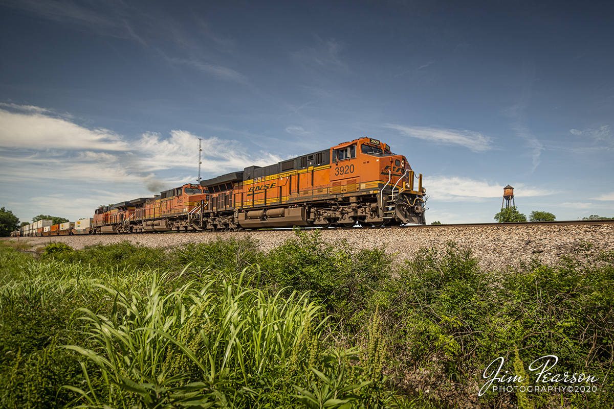 June 2, 2020 - A BNSF 3920 leads a intermodal train as it pulls out of the siding at River Junction on the BNSF River Subdivision at Terrell, Arkansas.

Tech Info: Full Frame Nikon D800, RAW, Irex 11mm, f/11, 1/1250, ISO 100.