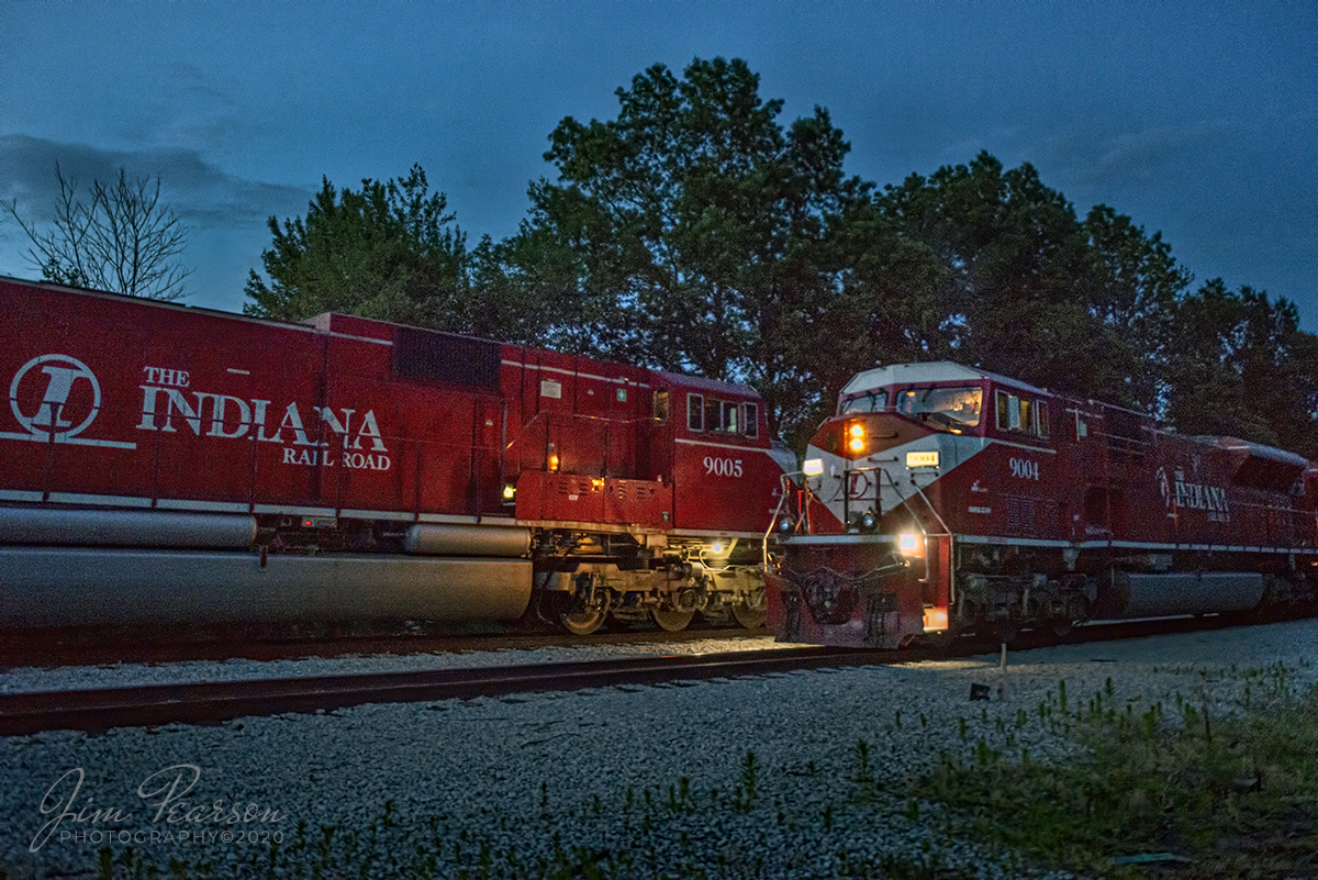 June 18, 2020 - Engineer Travis Collins heads southbound on the Indiana Railroad with engine 9004 leading, after meeting and trading trains with the northbound INRD 9005, at the north end of BLS Siding at Switz City, Indiana as the last light of day fades from the sky.

Tech Info: Full Frame Nikon D800, RAW, Sigma 24-70 @ 24mm, f/2.8, 1/125, ISO 2,500.