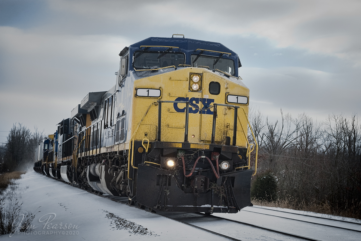 January 30, 2010 - CSXT #1 passes through Nortonville, Ky on a snowy day as it heads south on the Henderson Subdivision with a loaded intermodal. 

Tech Info: Full Frame D700, RAW, Nikkor 70-300 @ 80mm, f/16, 1/640, ISO 640.
