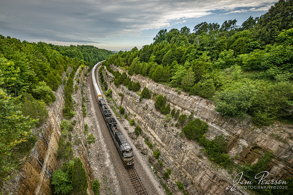 July 17, 2020 - Norfolk Southern 9573 leads a autorack train east as it passes through the cut at Tunnel Hill road overpass, just west of Ramsey, Indiana, on the NS Southern-East District. This cut was constructed to bypass the original tunnel through this area, which I'm told it can still be seen via Google Earth Maps.

Tech Info: Full Frame Nikon D800, RAW, Irex 11mm, f/6.3, 1/800, ISO 1100.