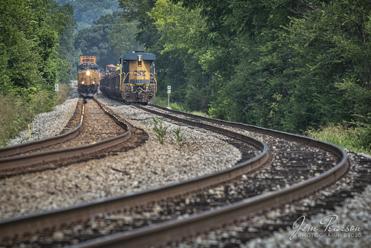 August 10, 2020 - Hot Intermodal CSX Q025-10 passes railtrain J012-10 sitting in the siding at Latham as it heads south at Hopkinsville, Ky on the Henderson Subdivision. The rail train was dropping rails between the south end of Kelly, Ky, working its way south towards Guthrie, Ky. I'm told there will be a CSX MOW blitz beginning is just under two weeks with a daily work curfew.

Using good, strong leading lines in your photos will help draw your viewers eye to the subject of your picture. One of the many photographic mentors in my life told me, when shooting, if something doesn't contribute to what you want your photo to say, then eliminate it when you shoot by using a different lens, perspective or angle when shooting! Advice I use today in my pictures.

Tech Info: Full Frame Nikon D800, RAW, Sigma 150-600 @ 360mm, f/9, 1/1250, ISO 900.