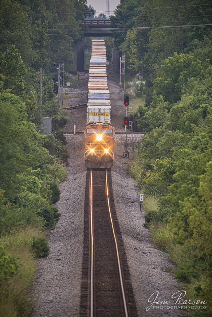 August 13, 2020 - BNSF 5954 leads CSX Q028-12 across the diamond at Trident as it heads north with a 10,000+ foot intermodal on the Henderson Subdivision at Madisonville, Ky.

Tech Info: Full Frame Nikon D800, RAW, Sigma 150-600 @ 600mm, f/6.3, 1/500, ISO 1600.