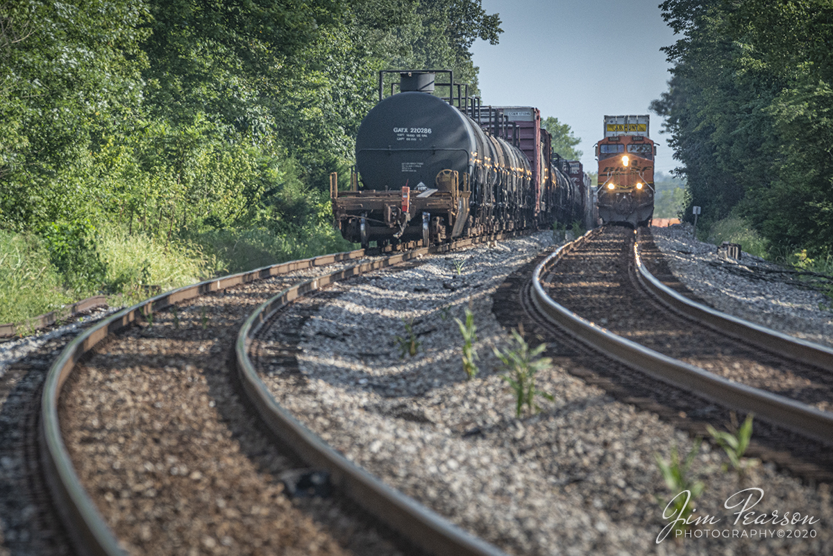 August 13, 2020 - BNSF 5954 leads CSX intermodal Q028-12 (Atlanta, GA - Chicago, IL) as it tops the rise while passing CSX Q647 in the siding at Kelly, Kentucky, as 28 heads north on the Henderson Subdivision. 

Tech Info: Full Frame Nikon D800, RAW, Sigma 150-600 @ 370mm, f/9, 1/1250, ISO 900.