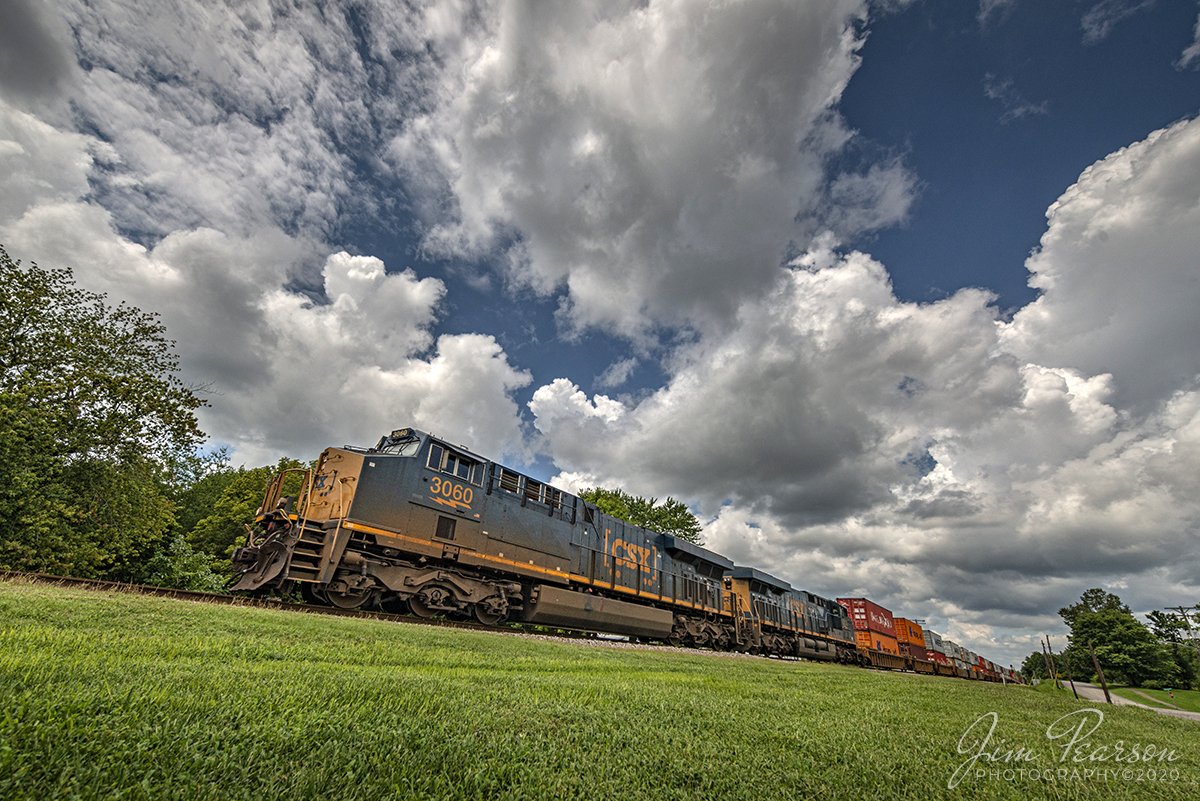 August 14, 2020 - CSXT 3060 heads up Q025-14 as it heads south through downtown Mortons Gap, Ky on the Henderson Subdivision.

Tech Info: Full Frame Nikon D800, RAW, Irex 11mm, f/8, 1/1250, ISO 250.