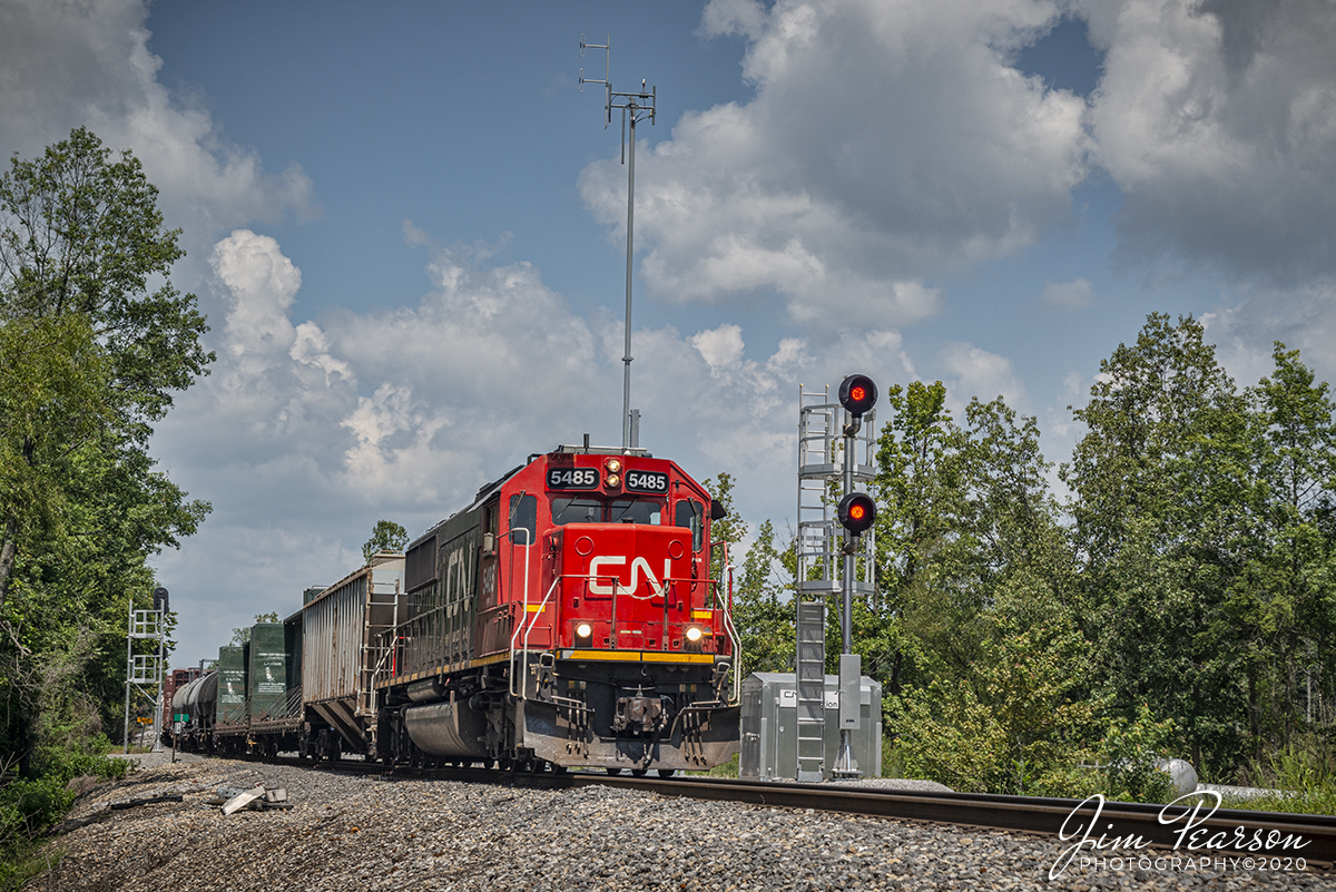 August 15, 2020 - Canadian National 5485 leads the CN Fulton to Paducah local as it passes the LED signals at CN's P&I Junction in Paducah, Kentucky after making its drop-off and pickup at the Paducah & Louisville Railway.

Tech Info: Full Frame Nikon D800, RAW, Sigma 24-70 @ 56mm, f/11. 1/500, ISO 220.