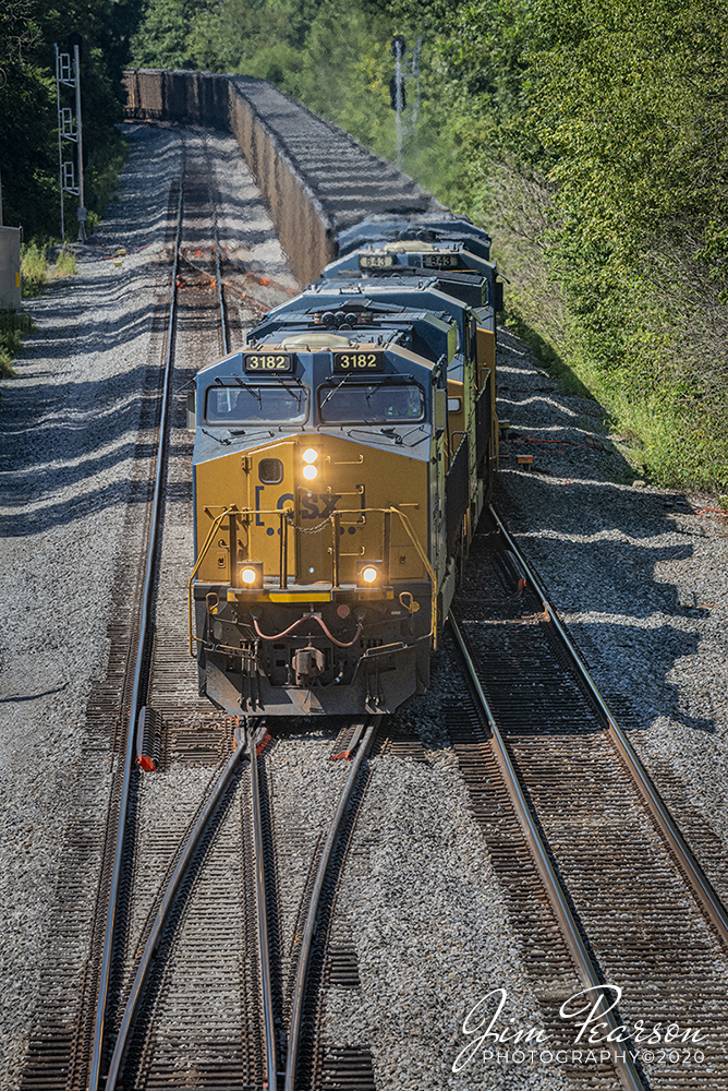 August 20, 2020 - CSXT 3182 heads up CSX E040-16 as it heads through the cross-over from track 2 to track 1 as it heads north on the Henderson Subdivision at Nortonville, Kentucky. It set on track 2 as it waited for CSX Q025 to pass and its counterpart, loaded coal train N040-20 was also waiting for Q025 on the same track about 1/4 mile away from the cross-over.

Tech Info: Full Frame Nikon D800, RAW, Sigma 150-600 @ 250mm, f/11, 1/1250, ISO 900.