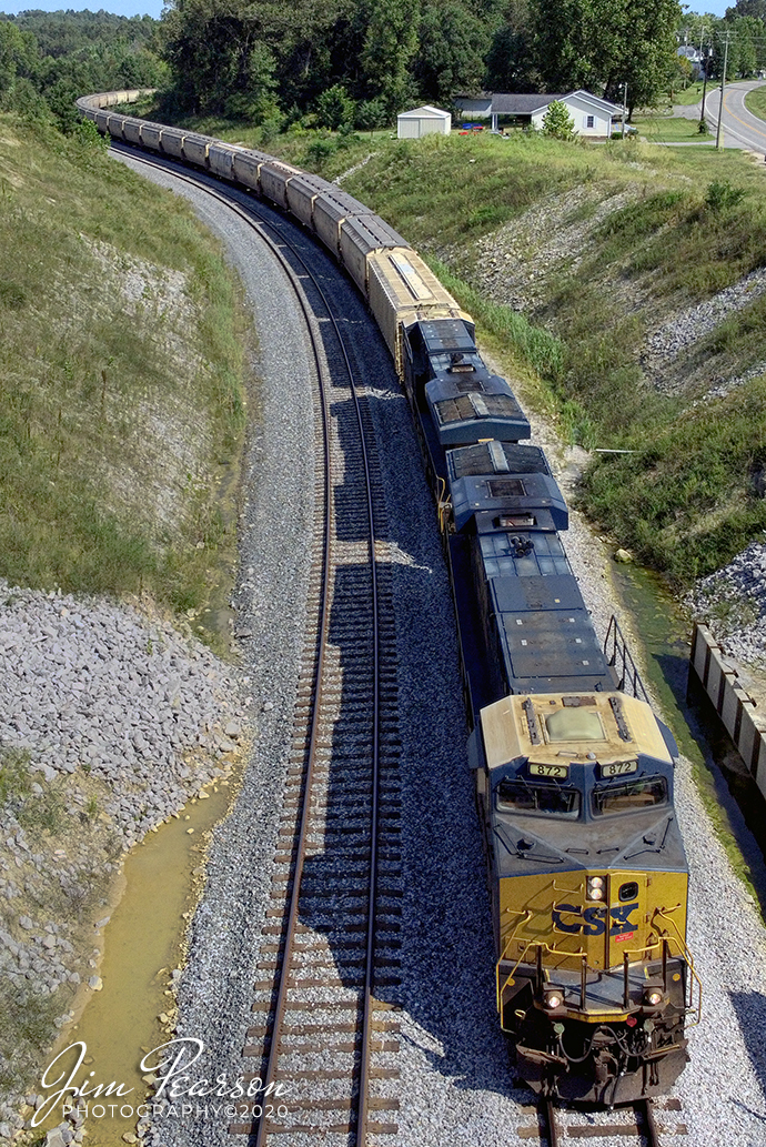 September 7, 2020 - CSXT 872 heads up loaded grain train G419  as it heads south on the Henderson Subdivision at Nortonville, Kentucky.

Tech Info: DJI Mavic Mini Drone, JPG, Lens 4.5mm (24mm Equivalent), f/2.8, 1/1600, ISO 100.