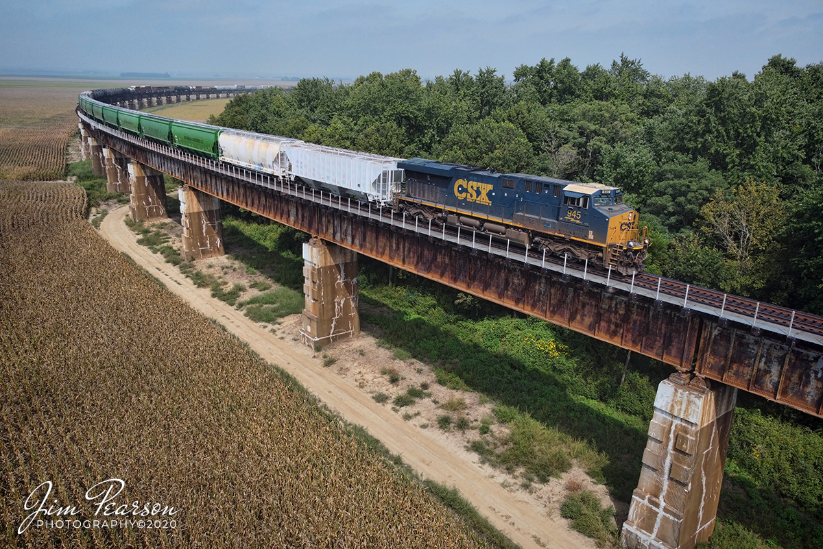 September 12, 2020 - CSXT 945 leads Q503 south as it makes its way up the final leg of the viaduct to the bridge across the Ohio river at Henderson, Ky as it heads south on the Henderson Subdivision on the dog days of summer!

Tech Info: DJI Mavic Mini Drone, JPG, 4.5mm (24mm equivalent lens) f/2.8, 1/1000, ISO 100.