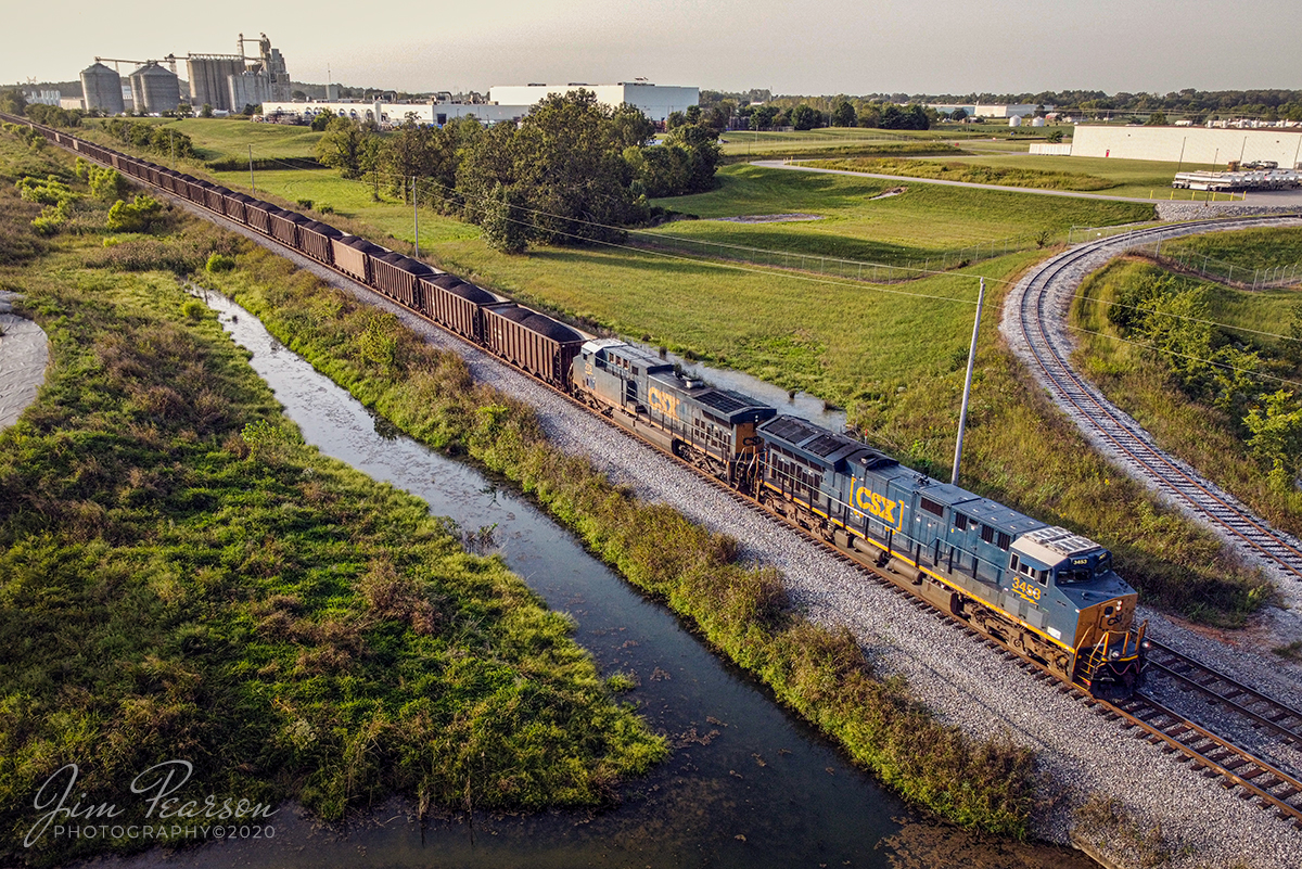 September 17, 2020 - CSXT 3439 and 275 lead loaded coal train CSX N040 south on the Henderson Subdivision as it approaches the John Rivers Rd. crossing at south Casky in Hopkinsville, Kentucky.

Tech Info: DJI Mavic Mini Drone, JPG, 4.5mm (24mm equivalent lens) f/2.8, 1/320, ISO 100.