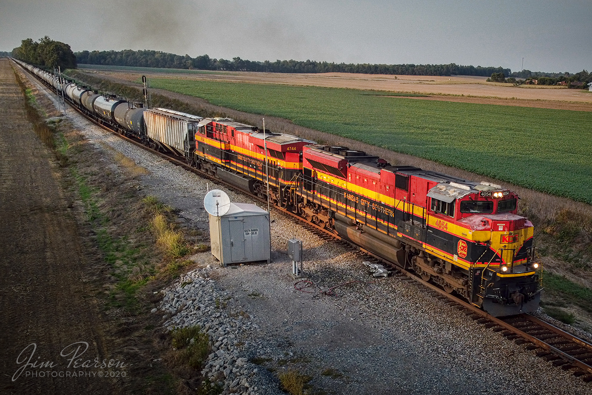 September 27, 2020 - Kansas City Southern 4054 and 4744 lead loaded ethanol train, CSX K443-26, as it pulls out of the south end of Rankin siding as it continues its move south on the Henderson Subdivision at Rankin, Kentucky.

Tech Info: DJI Mavic Mini Drone, JPG, 4.5mm (24mm equivalent lens) f/2.8, 1/240, ISO 100.