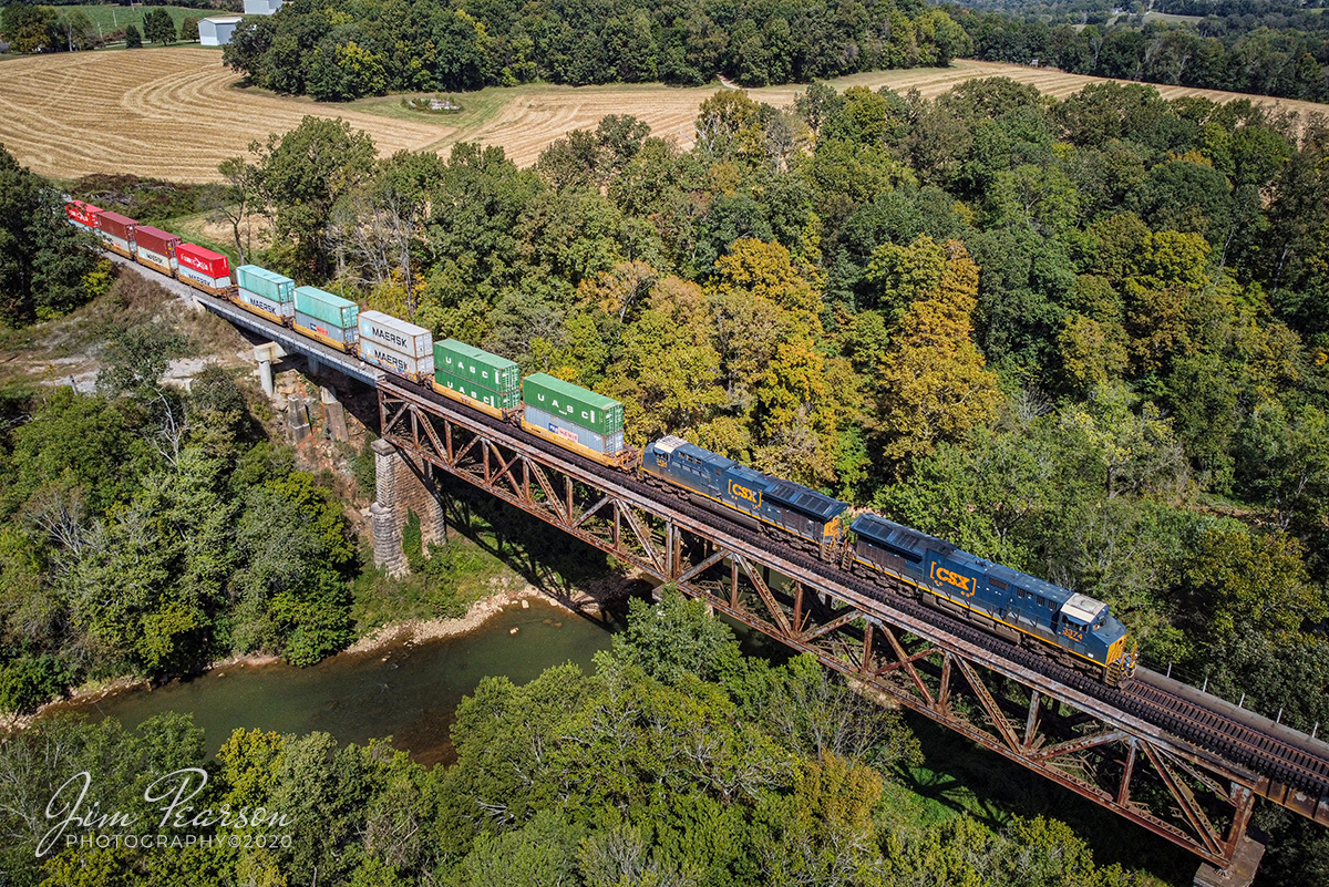 October 1, 2020  CSX Q025 heads across the Red River bridge, just north of Adams, Tennessee as it heads south on the Henderson Subdivision with CSXT 3374 and 3434 leading the way.

Tech Info: DJI Mavic Mini Drone, JPG, 4.5mm (24mm equivalent lens) f/2.8, 1/1000, ISO 100.