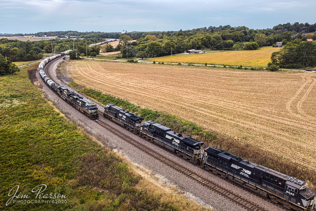 October 3, 2020 - Seems like myself and several other railfans waited forever for NS 167 to finish its work at Princeton, Indiana and finally begin to move east and to our delight its counterpart 168 westbound showed up just in time for me to capture this meet with my drones camera. It wasn't planned, as we weren't sure how long before 168 would arrive, but I'll take it! 

In the past I could never get this shot as it's way too far from either crossing that's close to this point. I am totally loving the new look the camera on the drone gives me these days and the spots it allows me to shoot from! As I tell my fellow railfans, we can railfan anywhere as everywhere is new for me!

Tech Info: DJI Mavic Mini Drone, JPG, 4.5mm (24mm equivalent lens) f/2.8, 1/200, ISO 100.