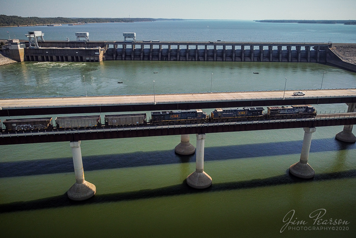 October 7, 2020 - Paducah and Louisville Railway crew runs PRX3 south across the bridge at Kentucky Dam with a loaded CSX coal train at Gilbertsville, Ky as it heads for the Calvert City Terminal at Calvert City, Ky with another load as CSXT 63 leads the way.

Tech Info: DJI Mavic Mini Drone, JPG, 4.5mm (24mm equivalent lens) f/2.8, 1/2500, ISO 100.