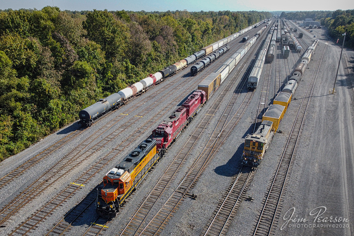 October 7, 2020 - A Paducah and Louisville Railway yard job crew uses GMTX 397 switcher to move cars around in at the north end of the yard in Paducah, Ky as a BNSF train waits for a crew with BNSF 2922, HCLX 3881 and 1058 as power.

Tech Info: DJI Mavic Mini Drone, JPG, 4.5mm (24mm equivalent lens) f/2.8, 1/1250, ISO 100.