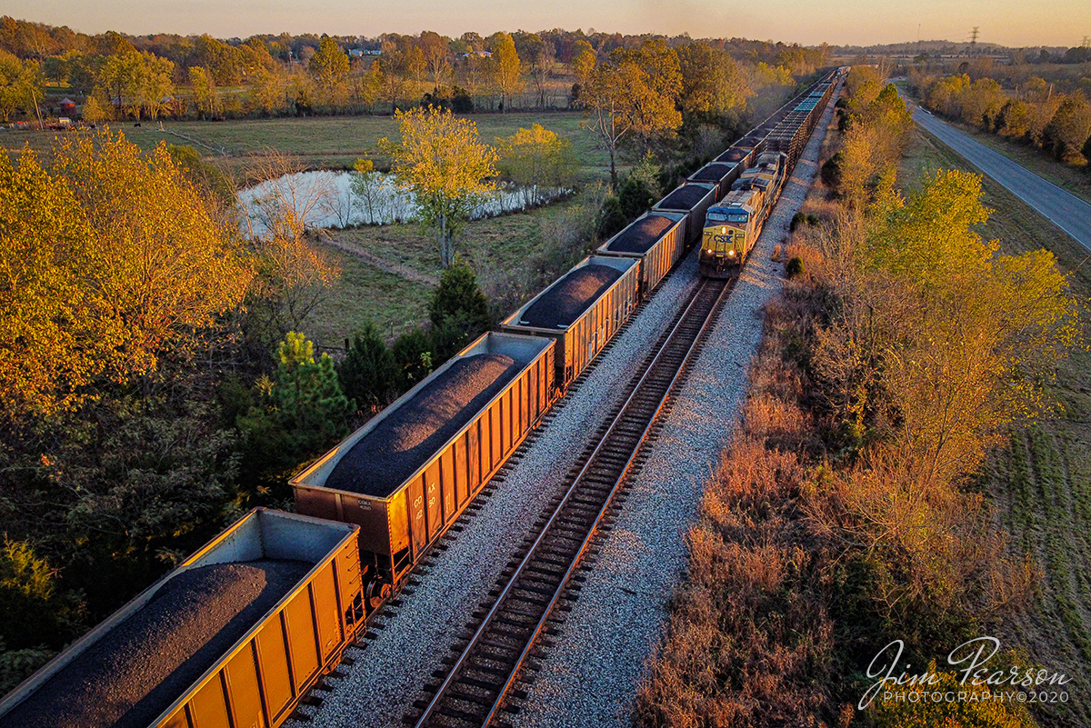Waycross, GA - Avon, IN

The glow of the late evening sunset illuminates the sides of loaded coal hoppers on CSX N015 as it waits in the siding at Kelly, Kentucky, as CSXT 32 leads the daily Q512 north on the Henderson Subdivision on November 3rd, 2020.

Tech Info: DJI Mavic Mini Drone, JPG, 4.5mm (24mm equivalent lens) f/2.8, 1/200, ISO 200.
