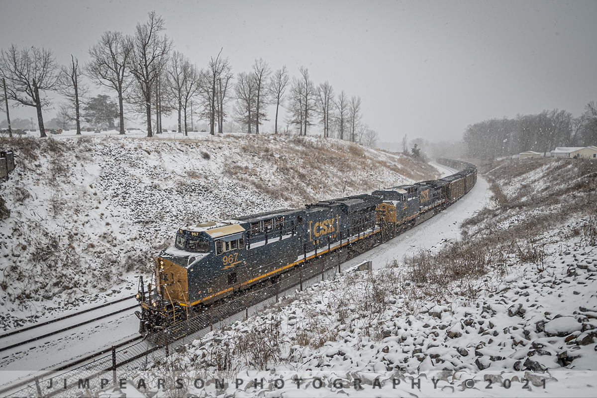 CSX dashing through the snow with a full load of coal!

Well, along with mostly everyone else it seems around the country we got a lot of snow between Sunday and Monday, at least for our area! I haven't heard the official count, but I'd between 4-8 inches after the first round of the artic front that moved through. They're calling for another round starting tomorrow! 

Anyway, I had to venture out during the storm and see what I could find moving in the cold, blowing snowfall and I caught CSXT 967 and 116 leading N302 as they head south to hopefully warmer weather on February 15th, 2021 on the Henderson Subdivision at the S curve in Nortonville, Kentucky.

It's weather like this that makes me happy I have my all-wheel drive Toyota RAV4!! Just gotta take it slow, bundle up and stay very socially distant from any other vehicles around!! LOL Be careful trackside folks if you decide to get out in this mess!

Tech Info: Nikon D800, RAW, Nikon 10-20mm DX Lens @ 22mm f/4.5, 1/1250, ISO 140.