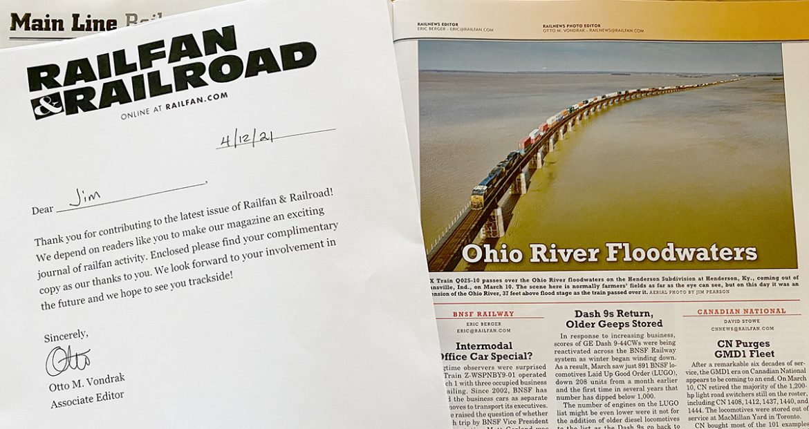 Even after 50 years as a professional photographer and being published a lot, it's always still a nice feeling to see my picture in a magazine for the first time! I have the honor of having my Ohio River Flooding photo in the May issue of Railfan and Railroad! This is my first published photo in their magazine and thanks to Otto and the crew for selecting it for publication!