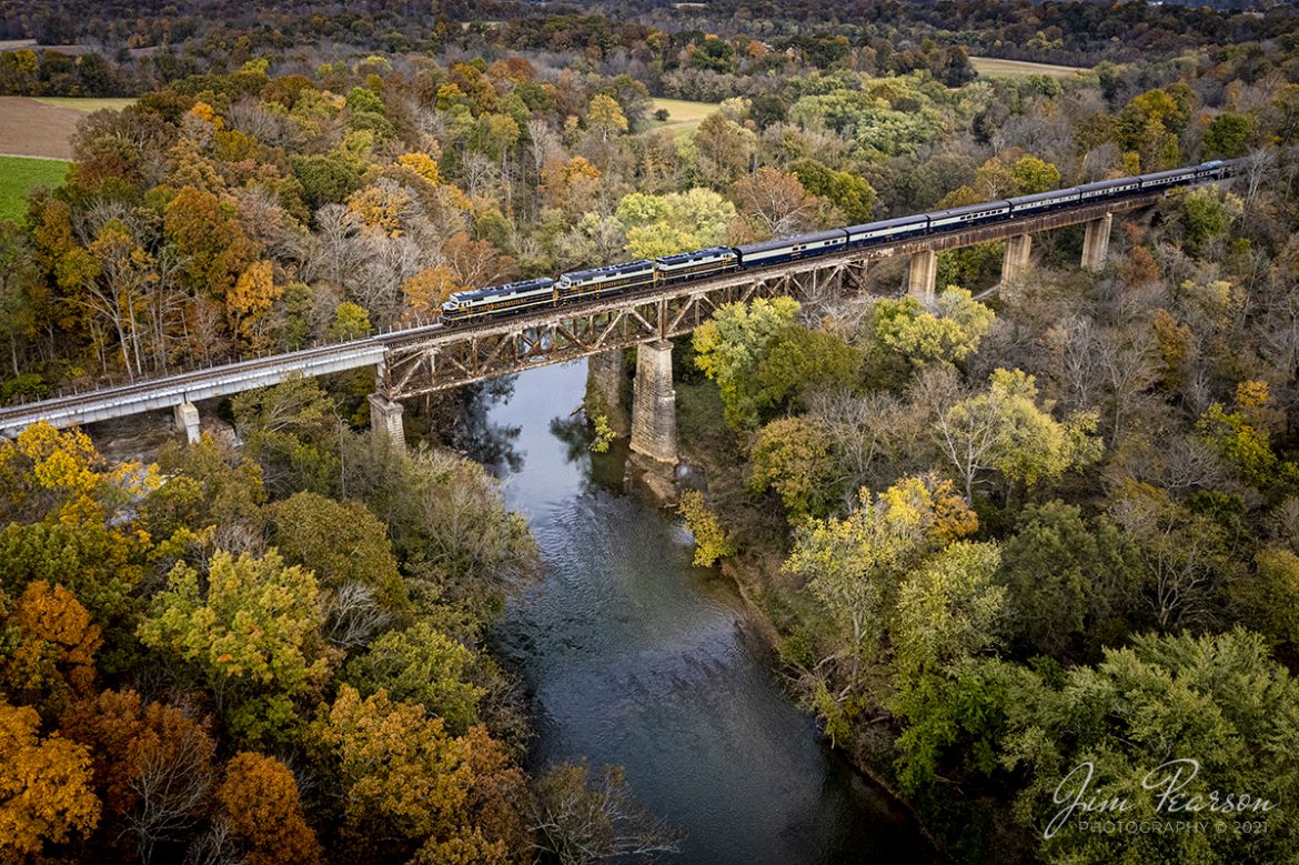 CSXT 1, 2 and 3 (three former Amtrak F40PHs) head across the Red River Bridge at Adams, Tennessee, on a beautiful fall afternoon, as they lead CSX P001-18 Office Car Special passenger train north on the Henderson Subdivision on November 9th, 2021.

The train was carrying VIPs from CSX Transportation, who were on an inspection tour of some of their lines and the facilities along them.

Tech Info: DJI Mavic Air 2S Drone, RAW, 22mm, f/2.8, 1/640, ISO 110.

#trainphotography #railroadphotography #trains #railways #dronephotography #trainphotographer #railroadphotographer #jimpearsonphotography