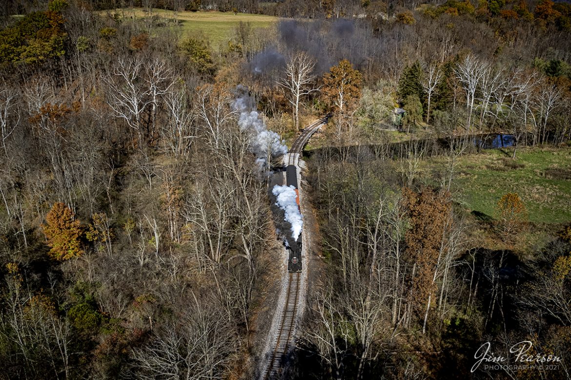 Everett Railroad #11 heads through the countryside after crossing over the Juniata River bridge at Hollidaysburg, Pennsylvania during a Historic Transport Preservation, Inc, Steam Special on November 6th, 2021.

According to their website: Steam locomotive number 11 was constructed in 1920 by the Cooke Works of the American Locomotive Company (Alco) in Paterson, New Jersey. It is a “2‑6‑0” or “Mogul” type and was one of 54 engines of four different wheel arrangements built between 1920 and 1925 intended for export to Cuba and use in that country’s sugar cane fields.

Tech Info: DJI Mavic Air 2S Drone, RAW, 22mm, f/2.8, 1/1250, ISO 120.

#trainphotography #railroadphotography #trains #railways #dronephotography #trainphotographer #railroadphotographer #jimpearsonphotography
