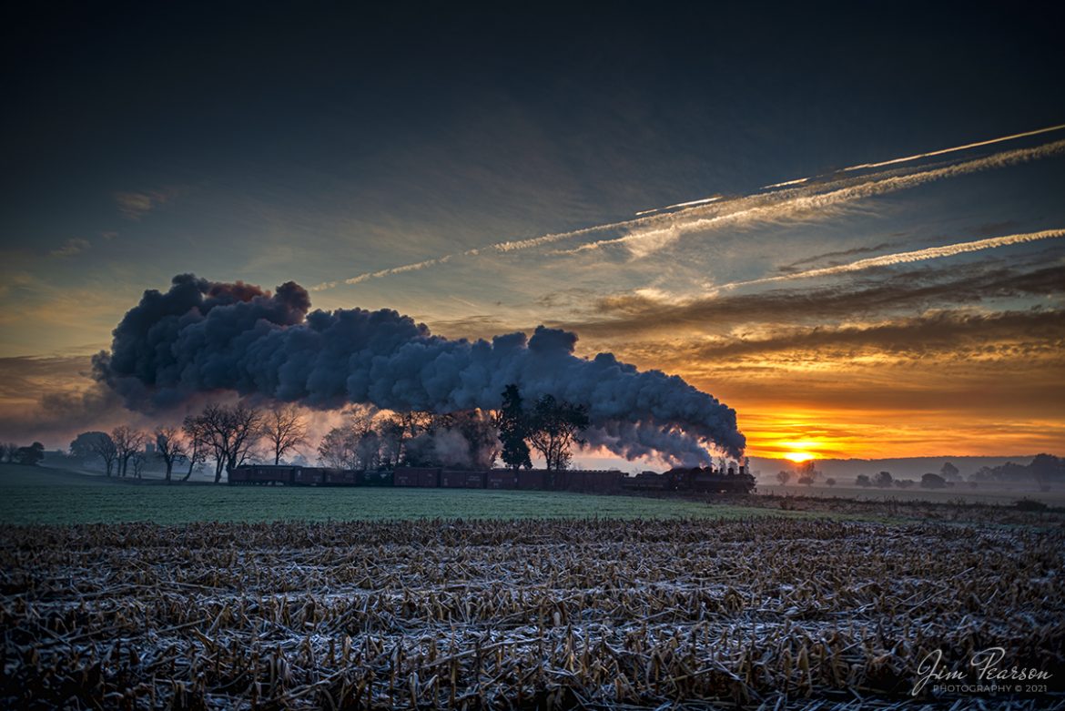 Norfolk & Western Steam Locomotive 475 heads west on the Strasburg Railroad against the rising sun as it illuminates the sky behind the train and steam, with the cold November air producing a spectacular show of steam trailing over the train, as they approach the Esbenshade Road Crossing on November 7th, 2021, at Strasburg, Pennsylvania. 

According to Wikipedia: Strasburg Railroad (Norfolk and Western) No. 475 is a 4-8-0 "Mastodon" type steam locomotive owned and operated by the Strasburg Railroad outside of Strasburg, Pennsylvania. Built by the Baldwin Locomotive Works in June 1906, it was part of the Norfolk and Westerns first order of M class numbered 375-499. Today, No. 475 is the only operating 4-8-0 type in North America and the Strasburg Rail Road's oldest operating steam locomotive.

Tech Info: Nikon D800, RAW, Sigma 24-70 @ 32mm, f/2.8, 1/400, ISO 100.

#trainphotography #railroadphotography #trains #railways #jimpearsonphotography #trainphotographer #railroadphotographer